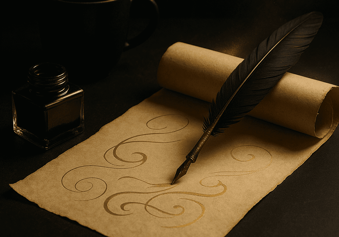 Vintage writing tools on dark background